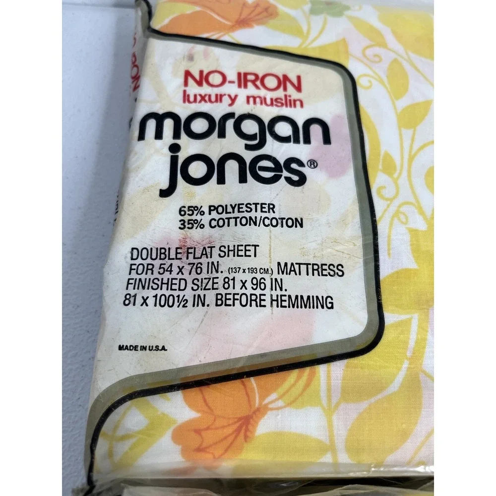 Vtg Morgan Jones Full‎ Flat And Fitted Sheet Set Yellow Floral With Butterflys
